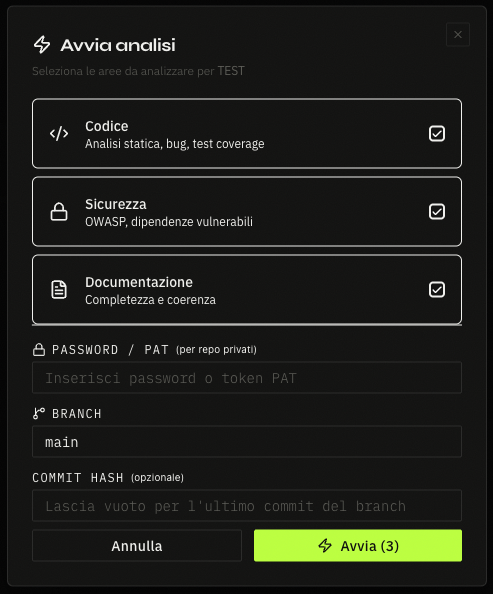 Pagina di Dettaglio: Avvio Analisi in corso