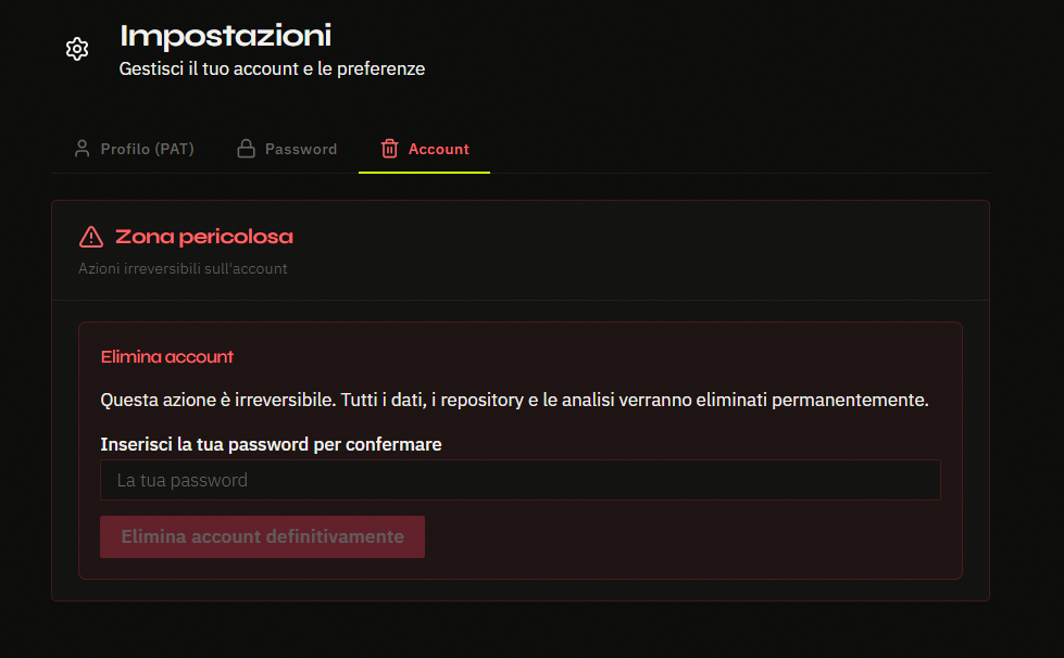 Impostazioni: Eliminazione Definitiva Profilo