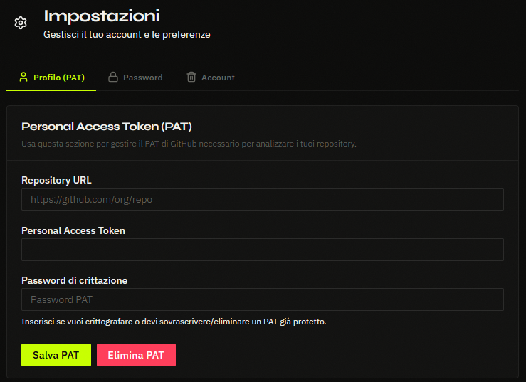 Inserimento PAT per repository privati