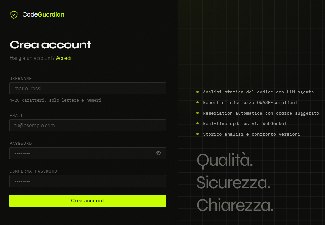 Schermata di Registrazione Profilo