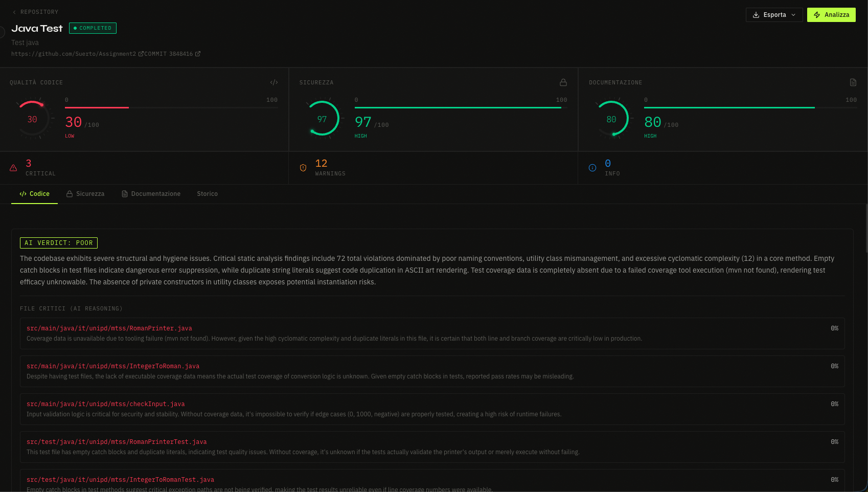 Pagina di Dettaglio: Risultato Analisi e metriche